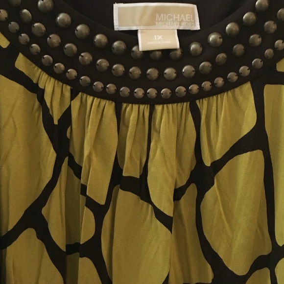 Michael Kors- NWT Woman's Sleeveless-Top- Scoop Beaded Neck,Brown & Chartreuse - Picture 2 of 9